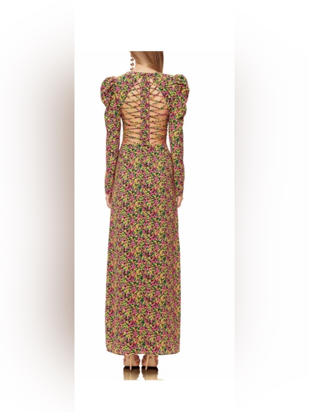 AFRM Lime Green ditsy Floral Midi Dress with Lace-Up Back - Picture 3 of 6